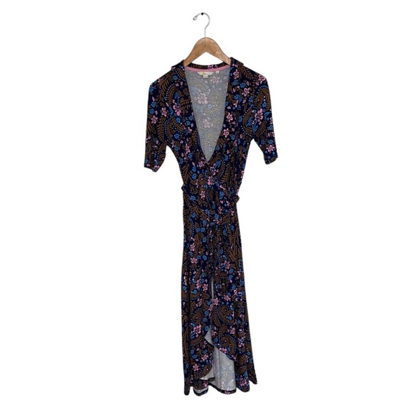 Boden Dress Size 2 US Navy Blue Pink Jersey Wrap Floral Midi Sleeves “Lavinia” - Picture 4 of 11
